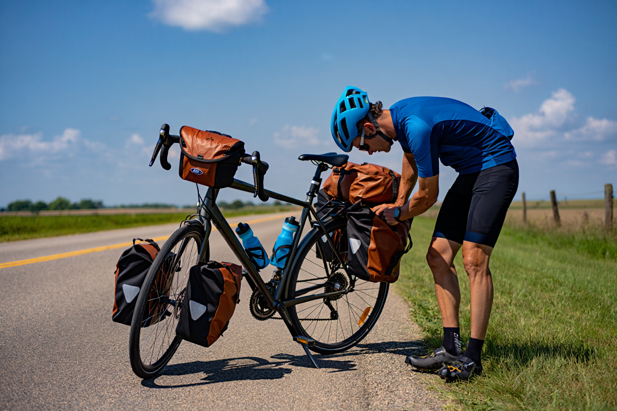 Vélo de cyclotourisme chargé avec sacoches latérales